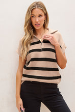 Load image into Gallery viewer, Khaki Stripe Zipped Collar Short Sleeve Sweater
