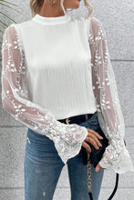 Load image into Gallery viewer, White Contrast Lace Sleeve Mock Neck Textured Blouse