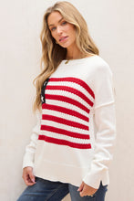 Load image into Gallery viewer, White American Flag Cable Knit Drop Shoulder Sweater