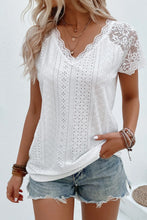Load image into Gallery viewer, White Sheer Lace Short Sleeves Eyelet Embroidered Tee