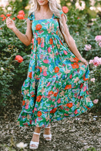 Load image into Gallery viewer, Green Floral Print Sleeveless Ruffle Tiered Maxi Dress