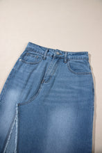 Load image into Gallery viewer, Light Blue Frayed Slit Asymmetric Denim Midi Skirt