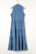 Load image into Gallery viewer, Blue Sleeveless Tiered Chambray Maxi Dress