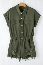 Load image into Gallery viewer, Moss Green Distressed Frayed Denim Romper