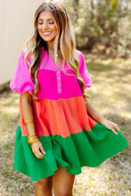 Load image into Gallery viewer, Color Block Tiered Puff Sleeve Dress