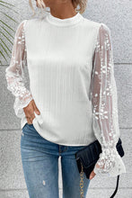 Load image into Gallery viewer, White Contrast Lace Sleeve Mock Neck Textured Blouse