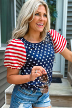 Load image into Gallery viewer, Navy Blue 4th Of July Stars Stripes Puff Sleeve T Shirt