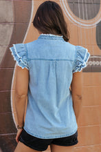 Load image into Gallery viewer, Beau Blue Button Front Ruffled Flutter Frayed Denim Top