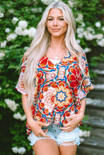 Load image into Gallery viewer, Red Floral Print Batwing Sleeve V Neck Blouse