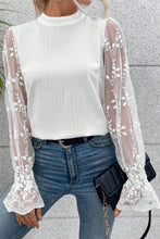 Load image into Gallery viewer, White Contrast Lace Sleeve Mock Neck Textured Blouse