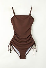 Load image into Gallery viewer, Coffee Ribbed Drawstring Sides Cutout One Piece Swimsuit