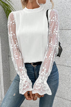 Load image into Gallery viewer, White Contrast Lace Sleeve Mock Neck Textured Blouse
