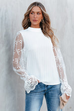 Load image into Gallery viewer, White Contrast Lace Sleeve Mock Neck Textured Blouse