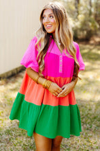 Load image into Gallery viewer, Color Block Tiered Puff Sleeve Dress