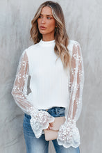 Load image into Gallery viewer, White Contrast Lace Sleeve Mock Neck Textured Blouse