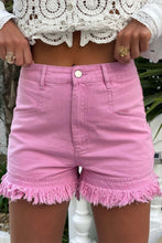 Load image into Gallery viewer, Pink Frayed Edge Mid Rise Denim Shorts