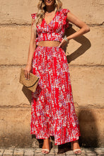 Load image into Gallery viewer, Red Floral Ruffled Crop Top and Maxi Skirt Set