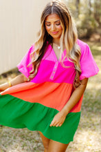 Load image into Gallery viewer, Color Block Tiered Puff Sleeve Dress