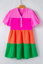 Load image into Gallery viewer, Color Block Tiered Puff Sleeve Dress