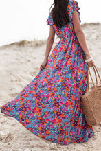 Load image into Gallery viewer, Blue Floral Print V Neck Wrap Split Maxi Dress