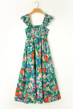 Load image into Gallery viewer, Green Floral Print Sleeveless Ruffle Tiered Maxi Dress