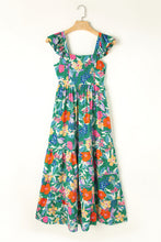 Load image into Gallery viewer, Green Floral Print Sleeveless Ruffle Tiered Maxi Dress