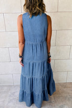 Load image into Gallery viewer, Blue Sleeveless Tiered Chambray Maxi Dress