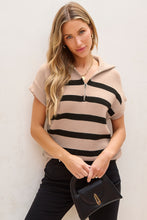 Load image into Gallery viewer, Khaki Stripe Zipped Collar Short Sleeve Sweater