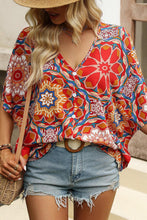 Load image into Gallery viewer, Red Floral Print Batwing Sleeve V Neck Blouse