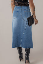 Load image into Gallery viewer, Light Blue Frayed Slit Asymmetric Denim Midi Skirt