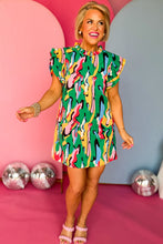Load image into Gallery viewer, Abstract Print Frilled Neck Ruffled Sleeve Mini Dress