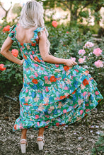 Load image into Gallery viewer, Green Floral Print Sleeveless Ruffle Tiered Maxi Dress