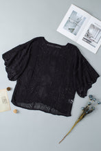 Load image into Gallery viewer, Black Pointelle Knit Scallop Edge Short Sleeve Top