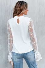 Load image into Gallery viewer, White Contrast Lace Sleeve Mock Neck Textured Blouse