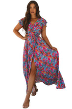 Load image into Gallery viewer, Blue Floral Print V Neck Wrap Split Maxi Dress