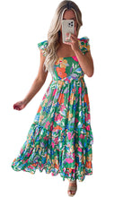 Load image into Gallery viewer, Green Floral Print Sleeveless Ruffle Tiered Maxi Dress