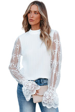 Load image into Gallery viewer, White Contrast Lace Sleeve Mock Neck Textured Blouse
