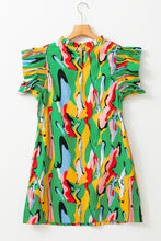 Load image into Gallery viewer, Abstract Print Frilled Neck Ruffled Sleeve Mini Dress