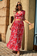 Load image into Gallery viewer, Red Floral Ruffled Crop Top and Maxi Skirt Set