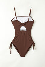 Load image into Gallery viewer, Coffee Ribbed Drawstring Sides Cutout One Piece Swimsuit