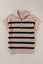 Load image into Gallery viewer, Khaki Stripe Zipped Collar Short Sleeve Sweater