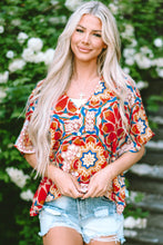 Load image into Gallery viewer, Red Floral Print Batwing Sleeve V Neck Blouse