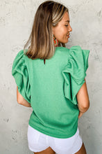 Load image into Gallery viewer, Green Ribbed Knit Puffy Ruffle Sleeve Blouse