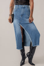 Load image into Gallery viewer, Light Blue Frayed Slit Asymmetric Denim Midi Skirt