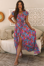 Load image into Gallery viewer, Blue Floral Print V Neck Wrap Split Maxi Dress