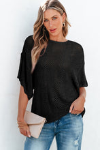 Load image into Gallery viewer, Black Pointelle Knit Scallop Edge Short Sleeve Top