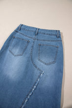 Load image into Gallery viewer, Light Blue Frayed Slit Asymmetric Denim Midi Skirt