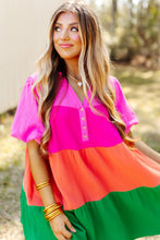 Load image into Gallery viewer, Color Block Tiered Puff Sleeve Dress
