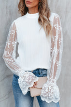 Load image into Gallery viewer, White Contrast Lace Sleeve Mock Neck Textured Blouse