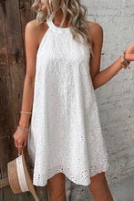 Load image into Gallery viewer, White Boho Eyelet Pattern Halter Neck Sleeveless Dress